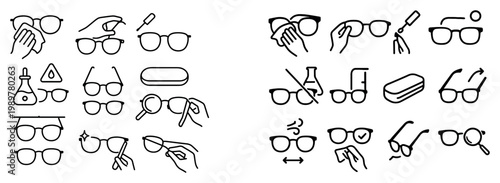 Eyewear icons with glasses cleaning hands minimal