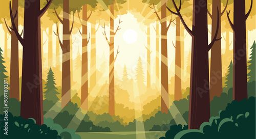 Sunbeams Through Forest Trees, Golden Hour Light Rays, Nature Landscape Illustration