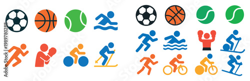 Sports icons with ball runner cyclist colorful