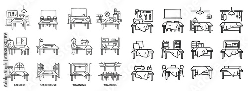 Atelier icons with table bed sewing minimal