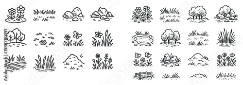 Nature icons with flower grass rock outline