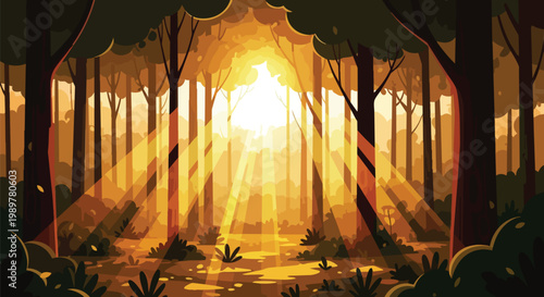 Golden Forest Sunlight Rays Through Trees, Nature Landscape