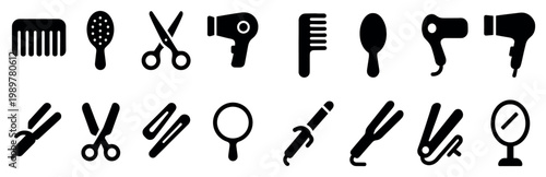 Haircare icons with comb scissors dryer solid