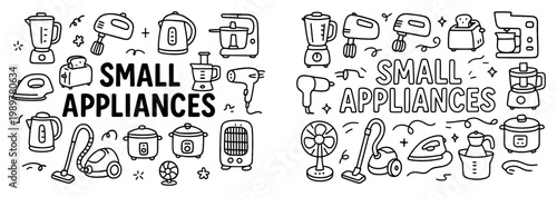 Kitchen icons with blender mixer kettle handdrawn