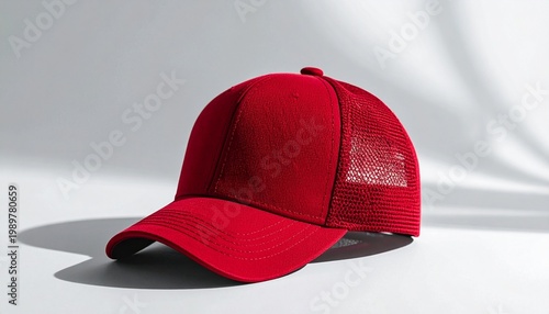 Red trucker cap with mesh back on clean background, studio lighting.