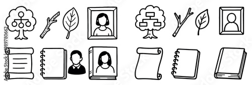 Genealogy icons with family tree portrait book outline
