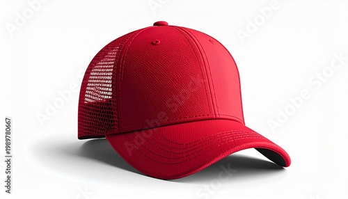 Red trucker hat with mesh back, isolated on white background, studio shot