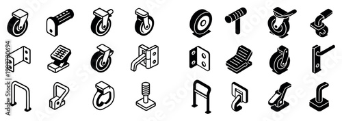 Hardware icons with caster wheels and brackets isometric