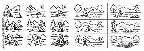 Outdoor icons with tent kayak fishing outline