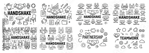 Handshake icons and business collaboration symbols