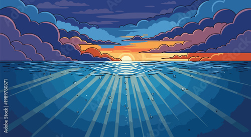 Pixel Art Ocean Sunset with Underwater Rays and Dramatic Clouds
