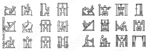 Fitness icons with pulley bench press rack outline