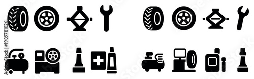 Car service icons with tire wheel jack minimal
