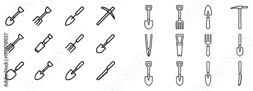 Gardening icons with shovel trowel fork outline