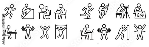 Fitness activity icons with run lift desk outline