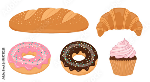 Assorted baked goods including bread, croissant, donut, and cupcake on a table