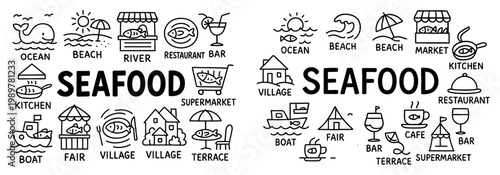 Seafood icons with fish boat market line