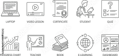 e learning icons set, education symbols, online learning graphics