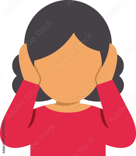 Woman covering ears with hands, avoiding listening to sound or information
