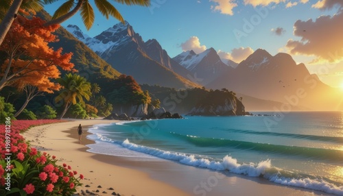 A serene summer vacation view of a Mediterranean sunset over the sea and sandy beach coastline with clouds reflecting on the water near a nature island mountain landscape