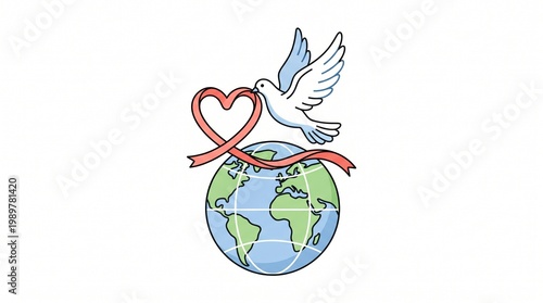 clipart for Global Love Day, dove carrying a heart-shaped ribbon flying above a simplified globe, modern minimal illustration