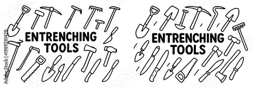 Gardening icons with shovel pickaxe and rake outline