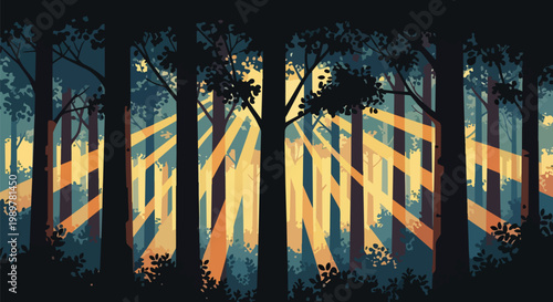 Sunbeams filtering through dark forest trees, creating magical light rays