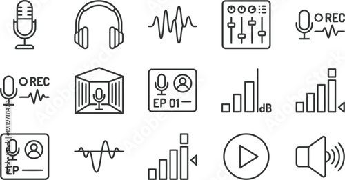 audio icons, podcast symbols, sound wave graphics