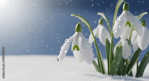 Delicate white blossoms emerge through fresh snow under a bright, cool sky