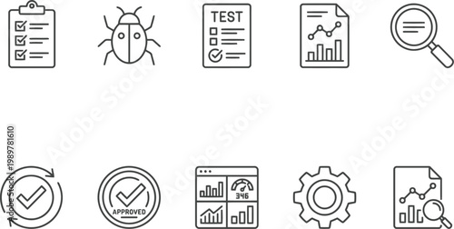 set of business process icons, quality control, testing and analysis