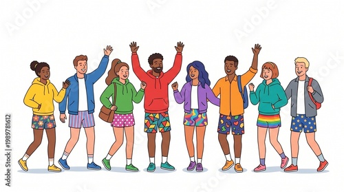 Flat clipart for National No Pants Day, group of diverse people in a city street scene