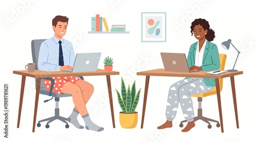 Flat clipart for National No Pants Day, indoor home office scene with people working on laptops