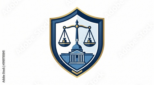 abstract legal shield enclosing a balanced justice scale and subtle courthouse silhouette inside,