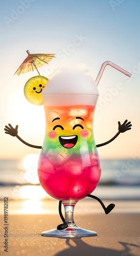 Animated colorful tropical beverage stands joyfully on a sandy beach during sunset