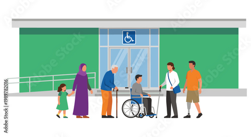Inclusive crowd representing disability and diversity outside public building entrance. Characters include wheelchair user blind person elderly man woman wearing hijab and child vector scene.