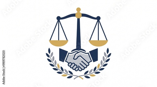 balanced justice scale integrated with a subtle handshake icon beneath it, symbolizing trust between law and society