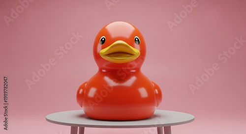 Red Rubber Duck on a Table with Pink Background.
