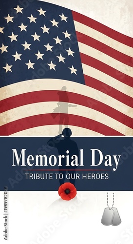 Distressed national banner forms a backdrop for a salute silhouette and commemorative symbols.