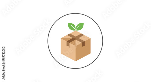Subtle round badge icon of a brown cardboard delivery box with a cross ribbon and two green leaves on top, symbolizing sustainable packaging and eco-friendly shipping logistics.