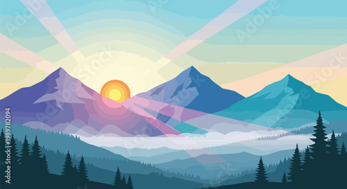 Sunrise over misty mountains, vibrant sky with sunbeams, flat design landscape