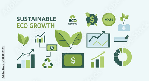 Set of sustainable eco growth icons featuring ESG symbols, green financial bar charts with upward arrows, line graphs, leaves, recycling signs, dollar currency, and environmental data visual.