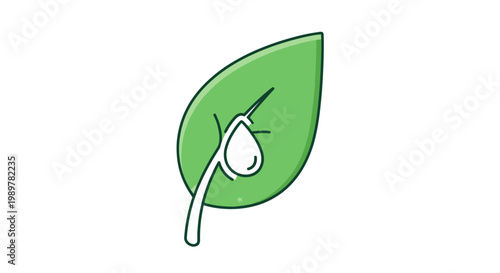 Minimalist vector illustration of a single green leaf with a white water drop icon on a solid white background, flat design style with thick dark outlines and subtle shading.