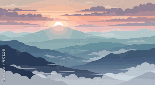 Serene Mountain Range at Sunrise with Hazy Sky and Soft Clouds