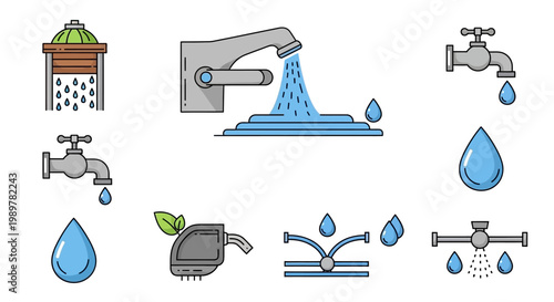 Water conservation and plumbing icon set featuring shower heads, dripping faucets, sink taps with running water, blue liquid droplets, irrigation sprinklers, and eco-friendly plumbing symbols.