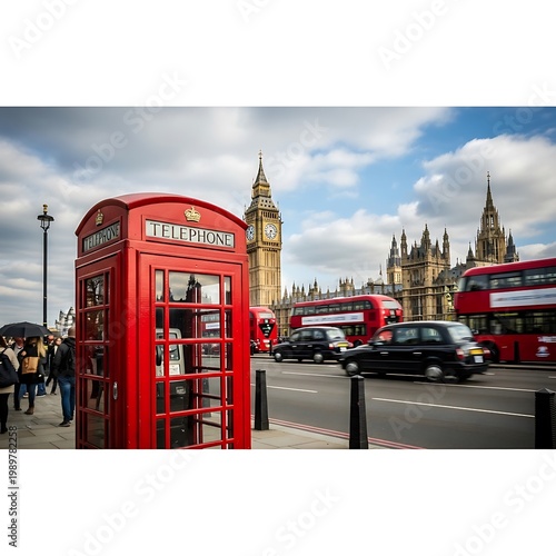 Iconic red street communication booth stands beside a busy road with historic architecture in the background