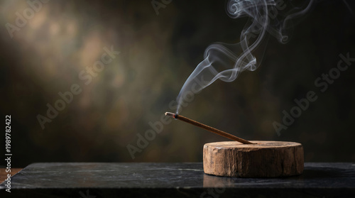 A stick of incense burns on a wooden block on a dark surface with smoke rising into the air