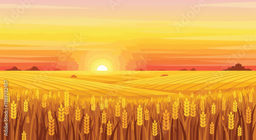 Golden Wheat Field at Sunrise, Agricultural Landscape, Warm Sunset Sky