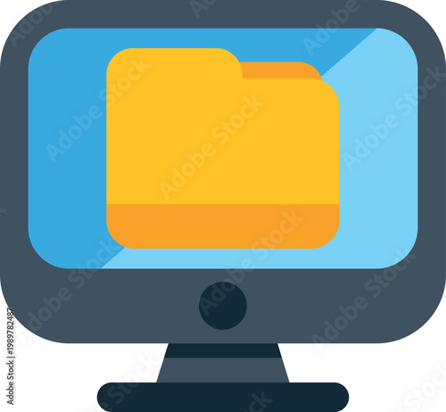 Illustration representing digital file storage and organization using a computer and folder icon