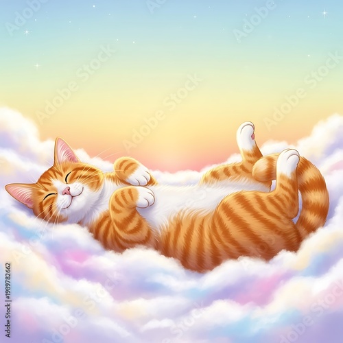 Adorable orange tabby cat sleeps blissfully atop soft pastel clouds against a bright sunrise sky