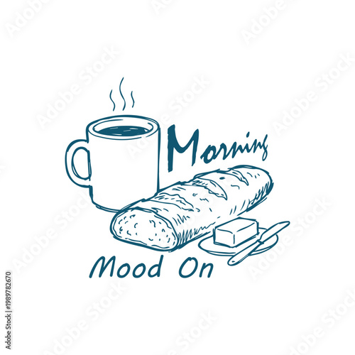 Morning mood on hand drawn illustration featuring hot coffee baguette butter knife steaming baguette breakfast